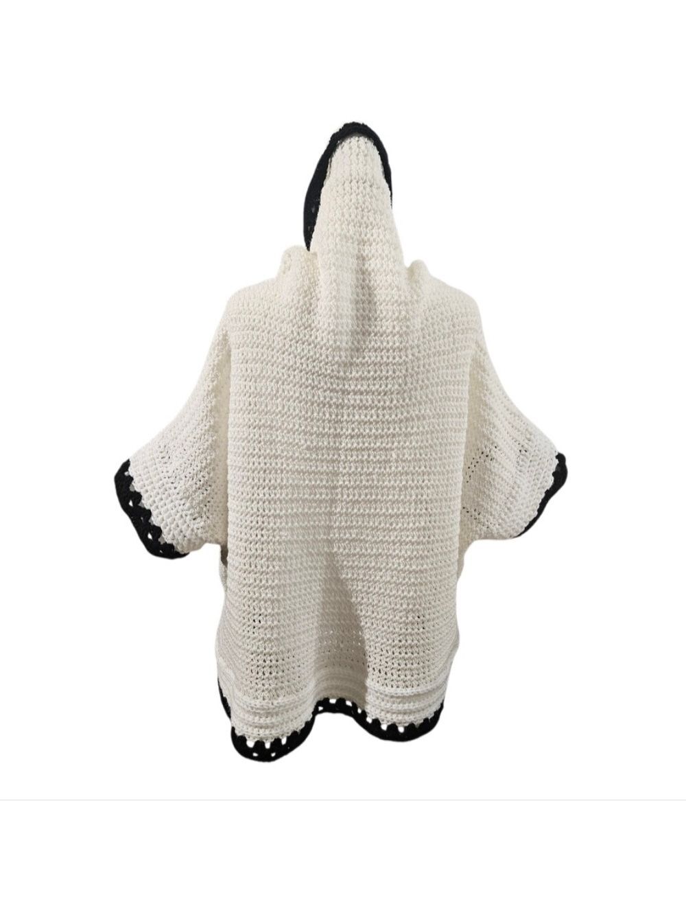 Handmade White Hand Knit Crochet Cocoon Cardigan Granny Square Black Open Front - Picture 3 of 17